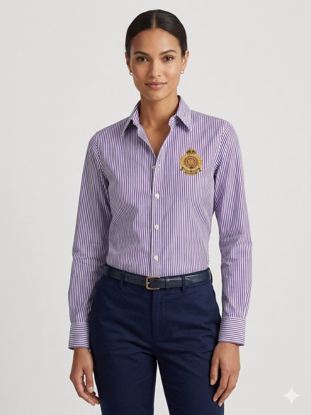 Lauren Ralph Lauren Striped Crest Button‑Down Shirt – Purple/White – Size S